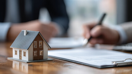 Miniature house model mortgage loan contract signing real estate agreement closing with agent emotional relief