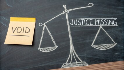 Scale of Justice Illustrating Void and Missing Justice Concept on Chalkboard with Post-It Note Message