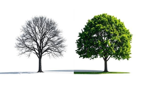  Forest tree collection with bare winter and leafy summer styles, isolated on transparent background