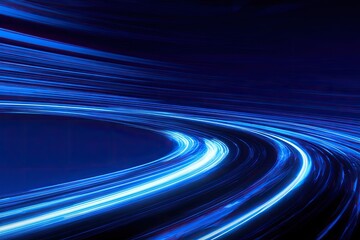 Curving trails of luminous blue light streak across a dark background, creating a dynamic abstract