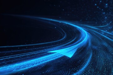 Abstract digital illustration with flowing blue light streaks and a dotted field in dark space