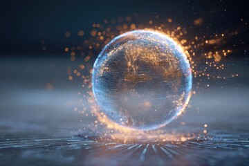Glowing, spherical object surrounded by sparkling particles, set on a textured surface, gradient backdrop