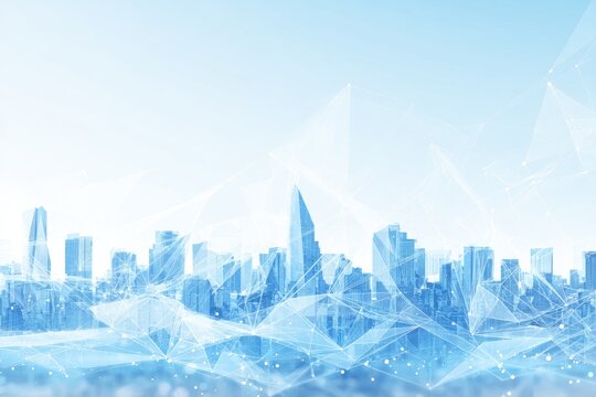 A digital depiction of a modern cityscape overlayed with a network of connecting nodes