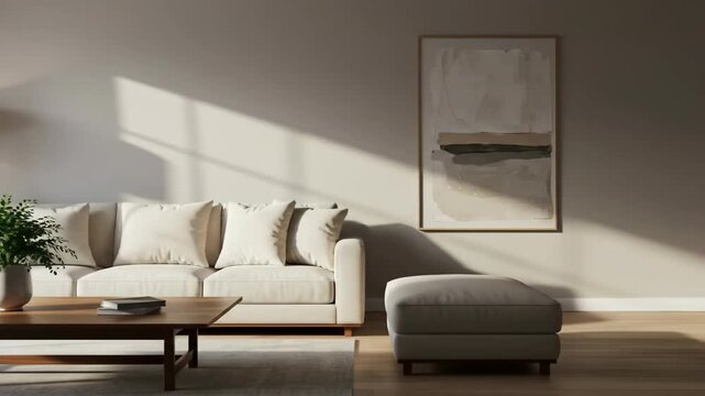 Cozy living room interior with sunlight, sofa, and modern art. Serene and inviting.