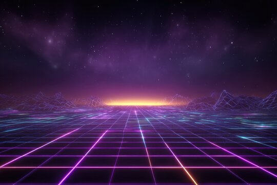 A neon-infused landscape with a grid floor, digital mountains, and an atmospheric purple sky