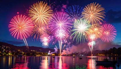 Vibrant Fireworks Display Over Tranquil Lake at Night with Reflections and City Lights