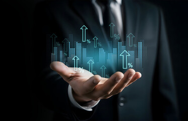 Driving Financial Growth with Digital Business Insights, Hand holds glowing financial charts and data in tech interface