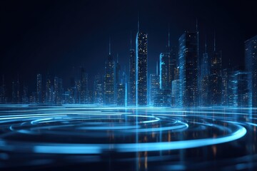 Futuristic cityscape with glowing lines, data streams, and skyscrapers in a dark blue ambiance