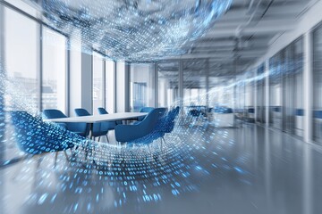 Modern office interior with meeting table, chairs, and digital data sphere overlay