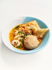 Close up of Authentic Traditional Indonesian Noodle Soup Mie Bakso with Beef Meatballs