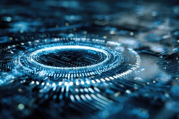 A close-up of a futuristic electronic circuit board with glowing, circular components in blue