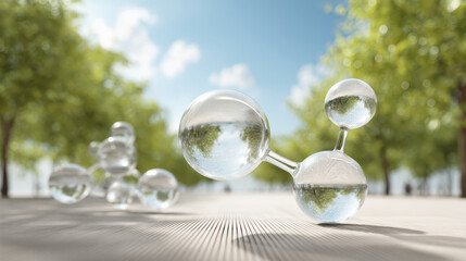 Transparent peptide molecule symbolizing hopeful future for biotechnology and science. clean innovation with bright green nature background