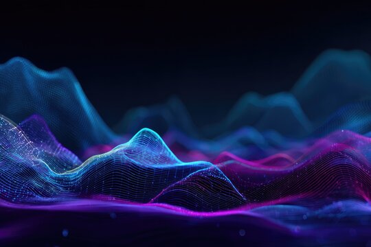 Abstract digital 3D landscape. Colorful undulating lines against dark background. Modern, futuristic concept