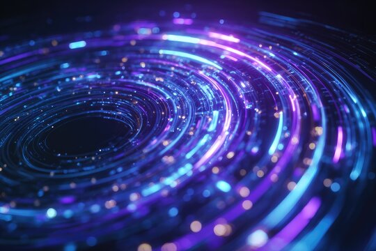 Abstract swirling vortex of glowing blue and purple light trails, creating a blurred effect