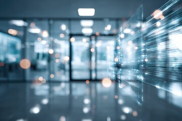 Abstract office scene with digital panels and blurred lights, conveying future technology