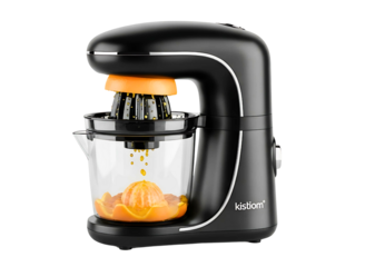 Black electric citrus juicer with lemon and orange slices isolated on transparent background