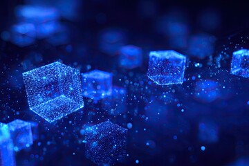Abstract depiction of glowing blue cubes suspended in a dark background