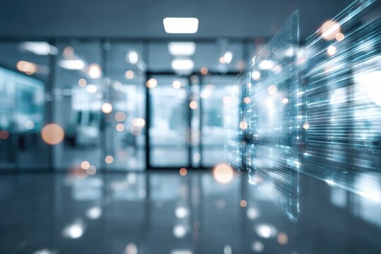 Abstract office scene with digital panels and blurred lights, conveying future technology - Powered by Adobe