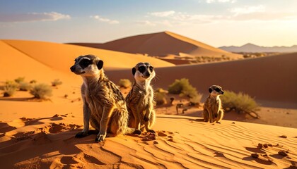Three meerkats in a desert landscape at sunrise