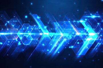 Fototapeta premium Abstract, dynamic digital composition featuring bright blue geometric arrows and bokeh effects
