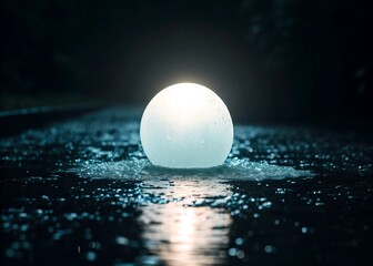 Mysterious glowing orb rests on wet reflective surface at night