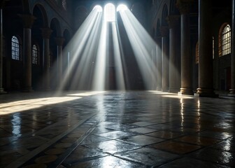 Dramatic sunbeams illuminate a grand empty hallway with reflective floor