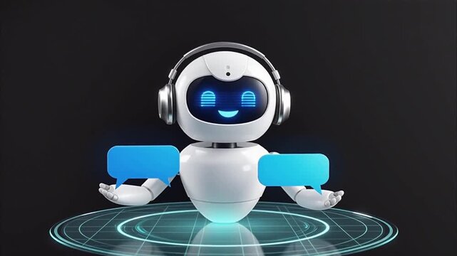Futuristic Digital Assistant: A state-of-the-art robot with a friendly, approachable demeanor. It has a built-in speech bubbles showcasing an engaging conversation. It has built-in headphones.