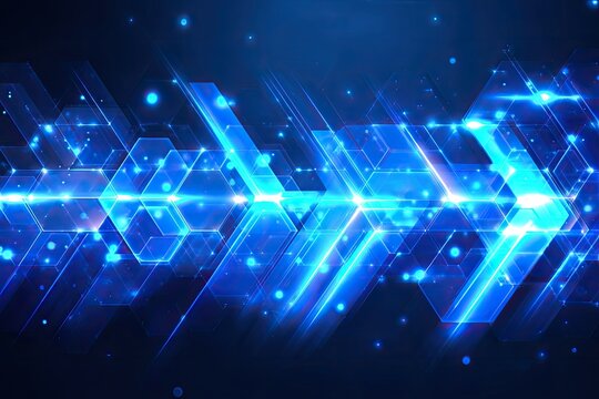 Abstract, dynamic digital composition featuring bright blue geometric arrows and bokeh effects