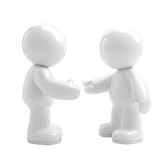 Two glossy white humanoid figures shaking hands on transparent backdrop