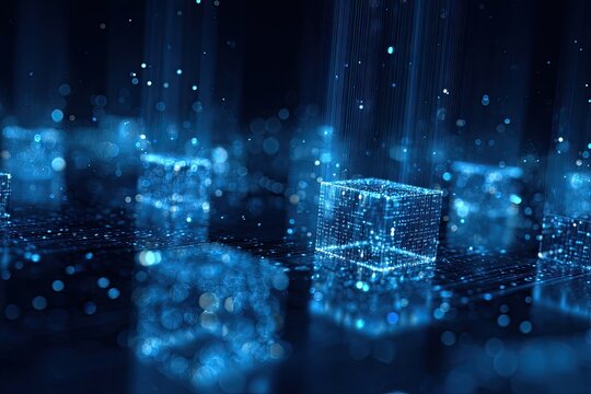 A digital illustration of glowing blue cubes, connected by light beams in a dark setting