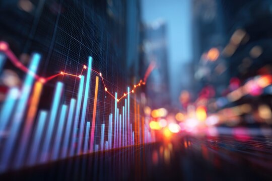 Financial data visualization overlays a blurred urban street, with glowing lights and graphical elements