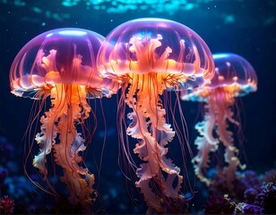Three jellyfish glowing in an underwater scene