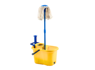 Yellow mop and bucket cleaning supplies isolated on transparent background