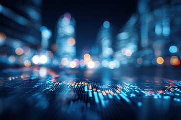 Blurred nighttime cityscape with illuminated skyscrapers over a digital data representation