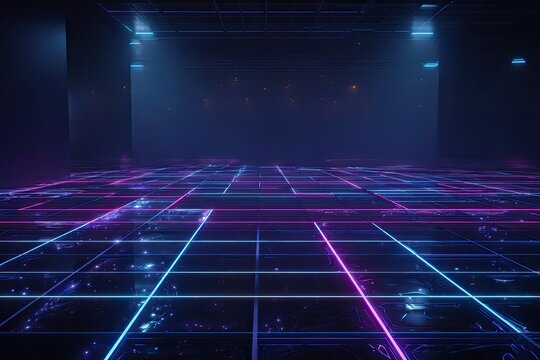 Futuristic interior with glowing grid floor, ambient lighting, and a dark, undefined background