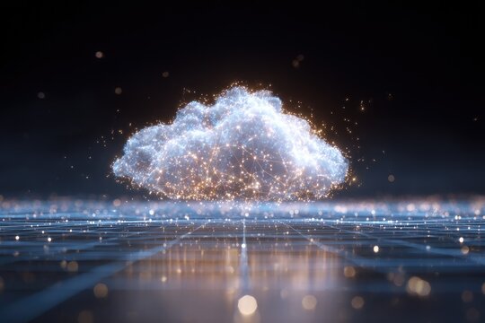 A digital cloud floats above a grid, illuminated with golden particles on a dark background