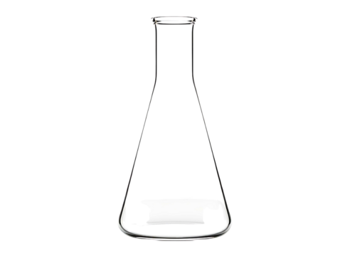 Empty glass erlenmeyer flask for laboratory experiments isolated on transparent background