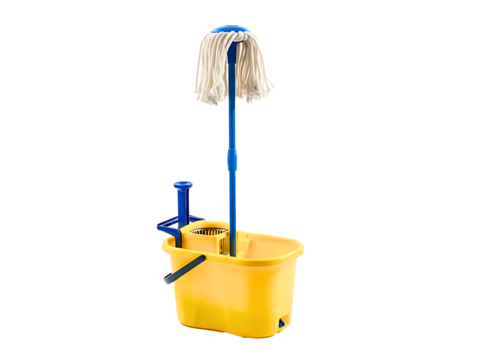 Yellow mop and bucket cleaning supplies isolated on transparent background