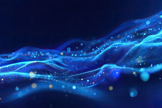 Abstract digital rendering with flowing, glowing blue waves and sparkling particles on a dark background