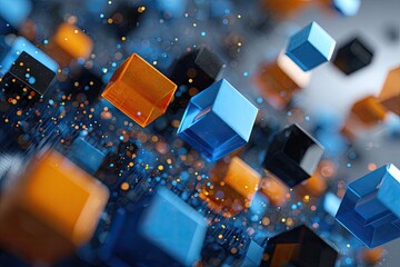 A dynamic perspective with transparent cubes, bokeh, and a futuristic abstract composition