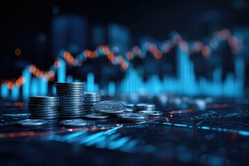 Stacked coins in focus, overlaid with a blurred financial chart and cityscape, dark blue color scheme