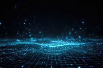 Abstract digital landscape with a glowing grid and floating particles on a dark background