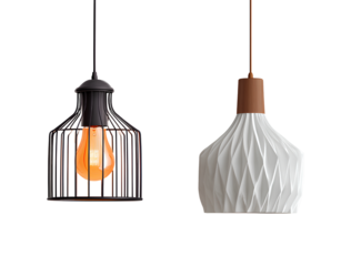  modern pendant light, white and brown color scheme, fluted shape, transparent background