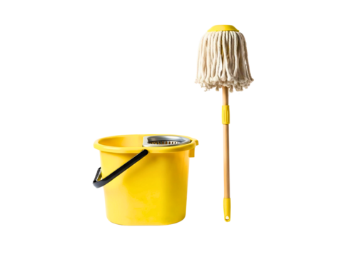Yellow mop and bucket cleaning supplies isolated on transparent background
