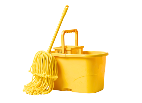 Yellow mop and bucket cleaning supplies isolated on transparent background - Powered by Adobe