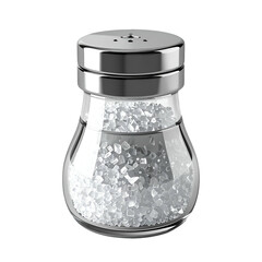 A beautifully rendered and isolated image showcasing a shiny, silver-topped salt shaker filled with crystalline white salt granules against a stark black background, highlighting the reflective...