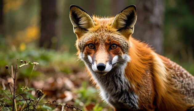 Close-up of a red fox in autumn forest