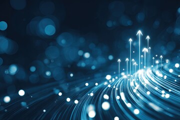 Abstract image of a glowing path with ascending arrows and bokeh in shades of blue and white