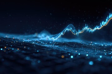 Abstract digital graph displaying rising data on a mesh grid with glowing particles