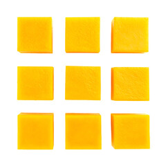 Nine bright yellow square-shaped pieces are neatly arranged in a grid against a stark black background, creating a visually appealing and geometric composition.